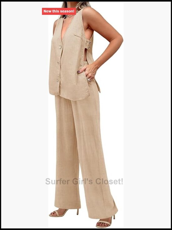 Pants - Women's 2 Piece Linen Sets Sleeveless V Neck Button Down Tank Tops & Wide Leg